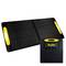 Portable solar charger, foldable, with black solar panels and yellow borders, brand name 'Aqiila' on the carry bag.