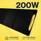 Black solar module with yellow handle on yellow background. Text: '200W'. Symbols for monocrystalline solar technology and 5-year warranty.