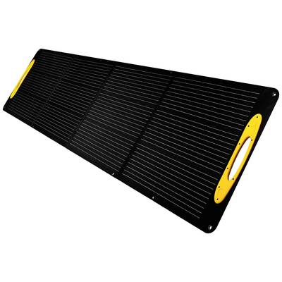 Foldable solar module with a black surface and yellow handles on the sides, suitable for portable energy generation.<br><br>Foldable solar panel with a black surface and yellow side handles, designed for portable power generation.