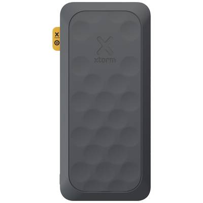 Black power bank with a textured surface, in vertical orientation. The Xtorm logo at the top, with an orange band on the left.