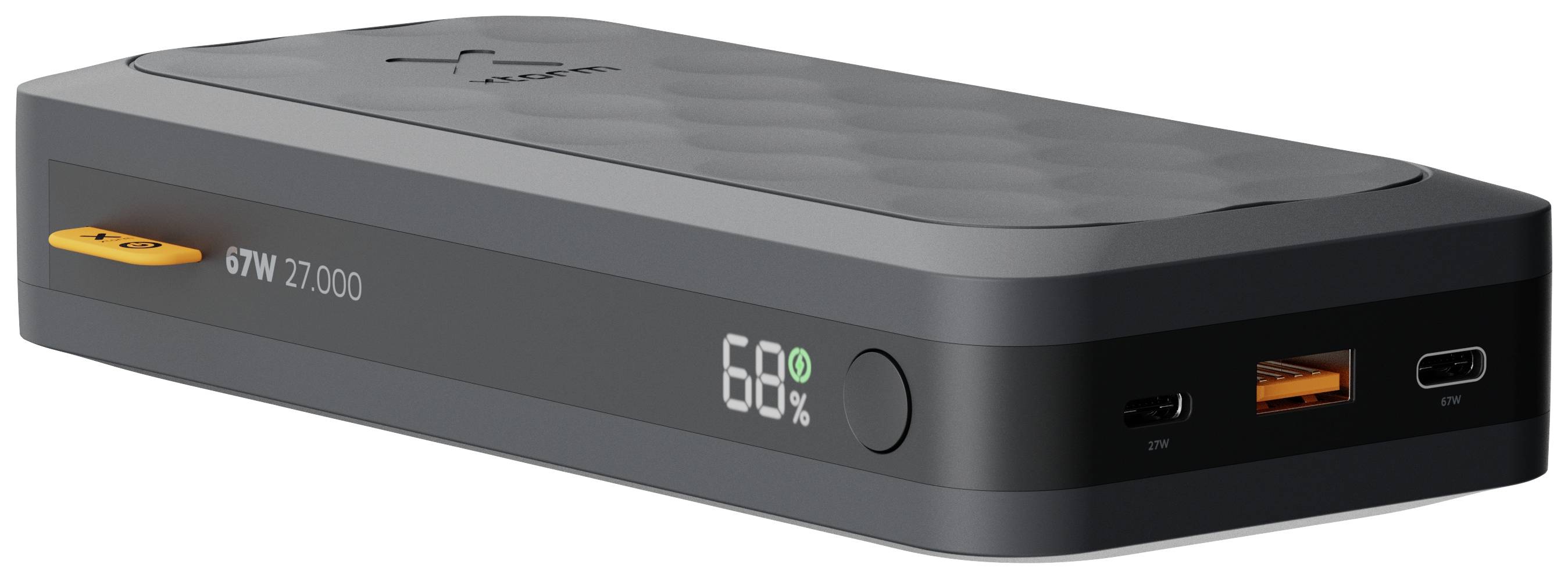 A black portable charger with a digital display shows '68%'. Two USB ports are visible, and the design is modern and compact.