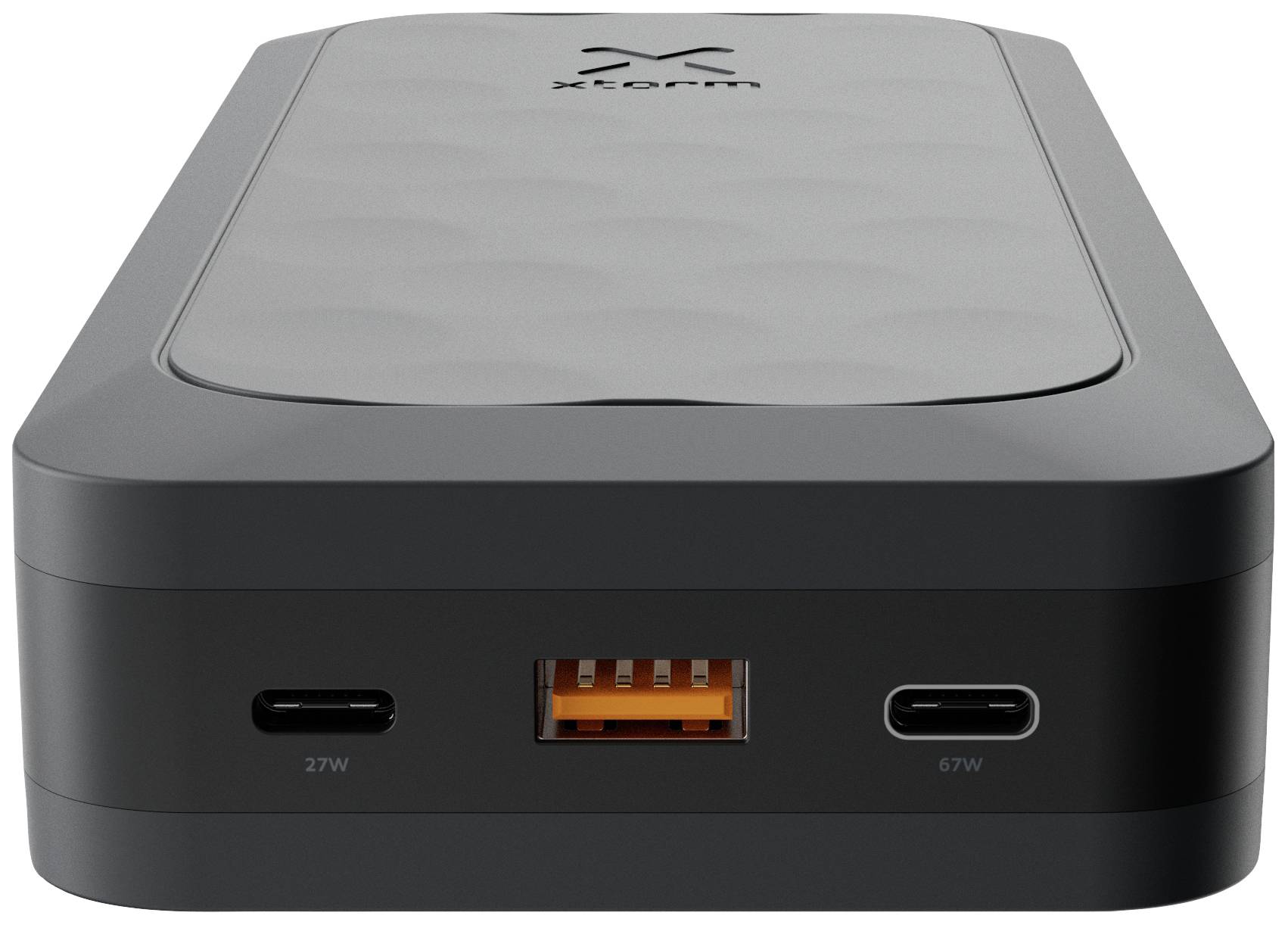 A portable charger with two USB-C ports and one USB-A port. Housing with company logo on top.