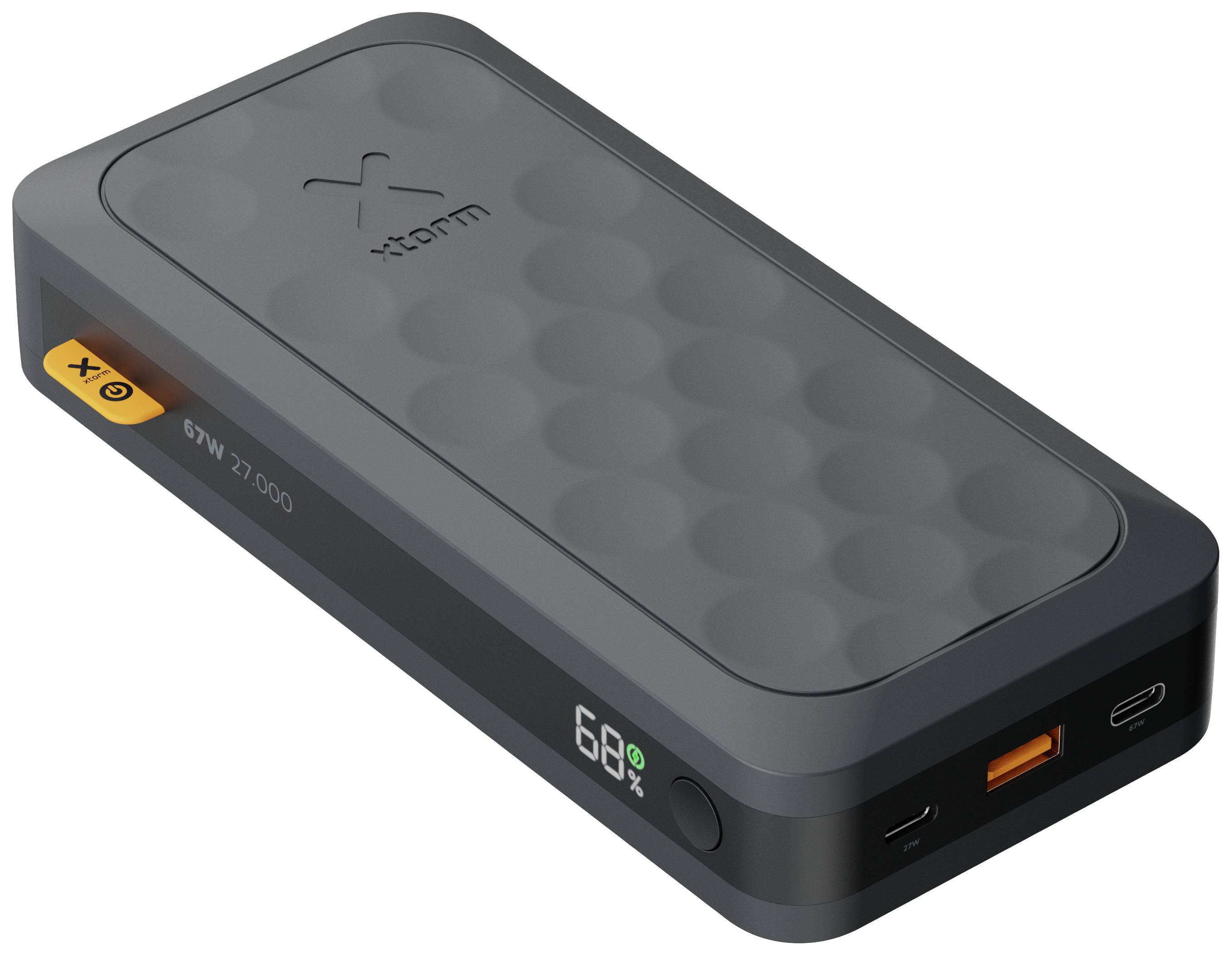 'Xtorm Titan 27 Power Bank', black portable charging unit, shows 60% battery level, with USB and USB-C ports on the front.