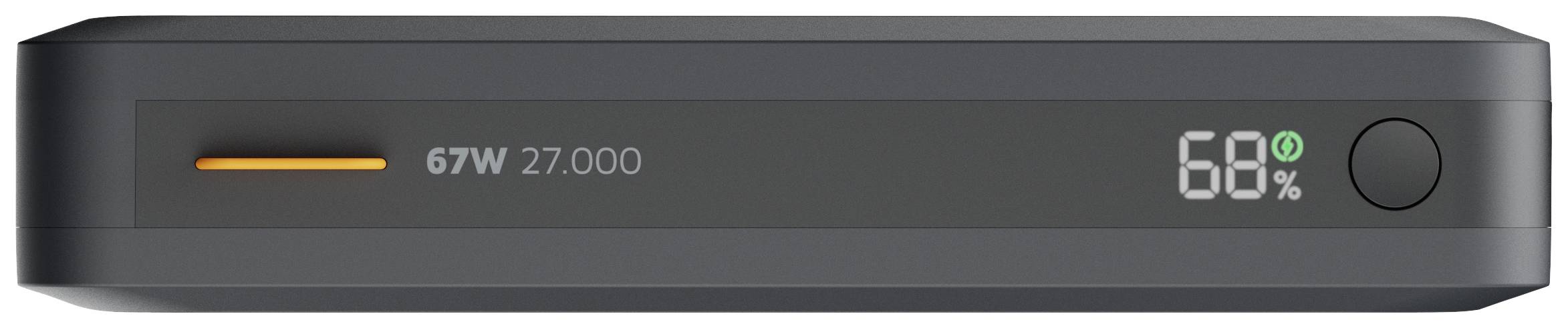 Portable power bank with display: '67W, 27000' and battery indicator '68%'. Black casing, rectangular shape.