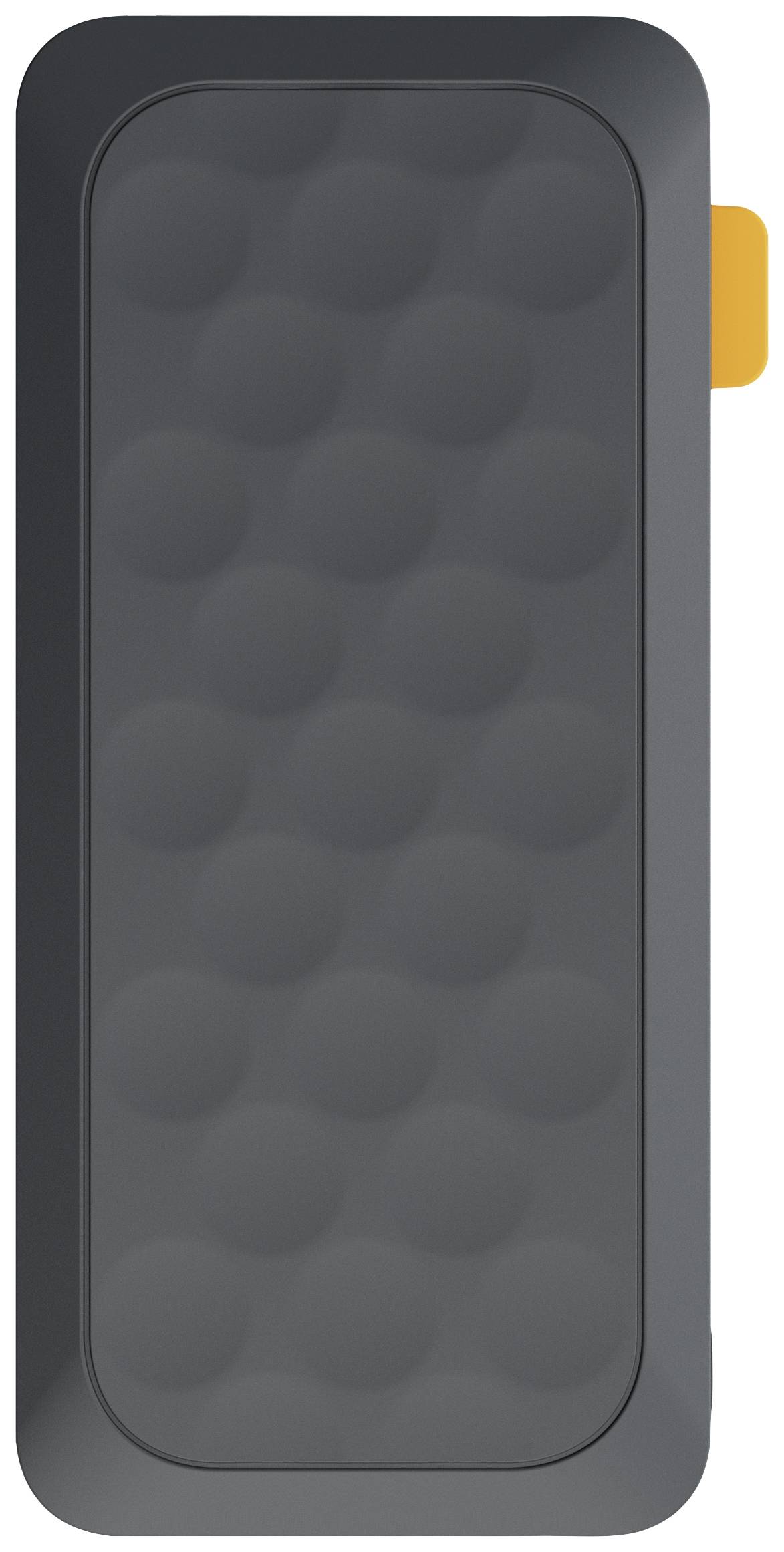A black, rectangular device with a textured, dotted surface and a small, orange tab on the side.