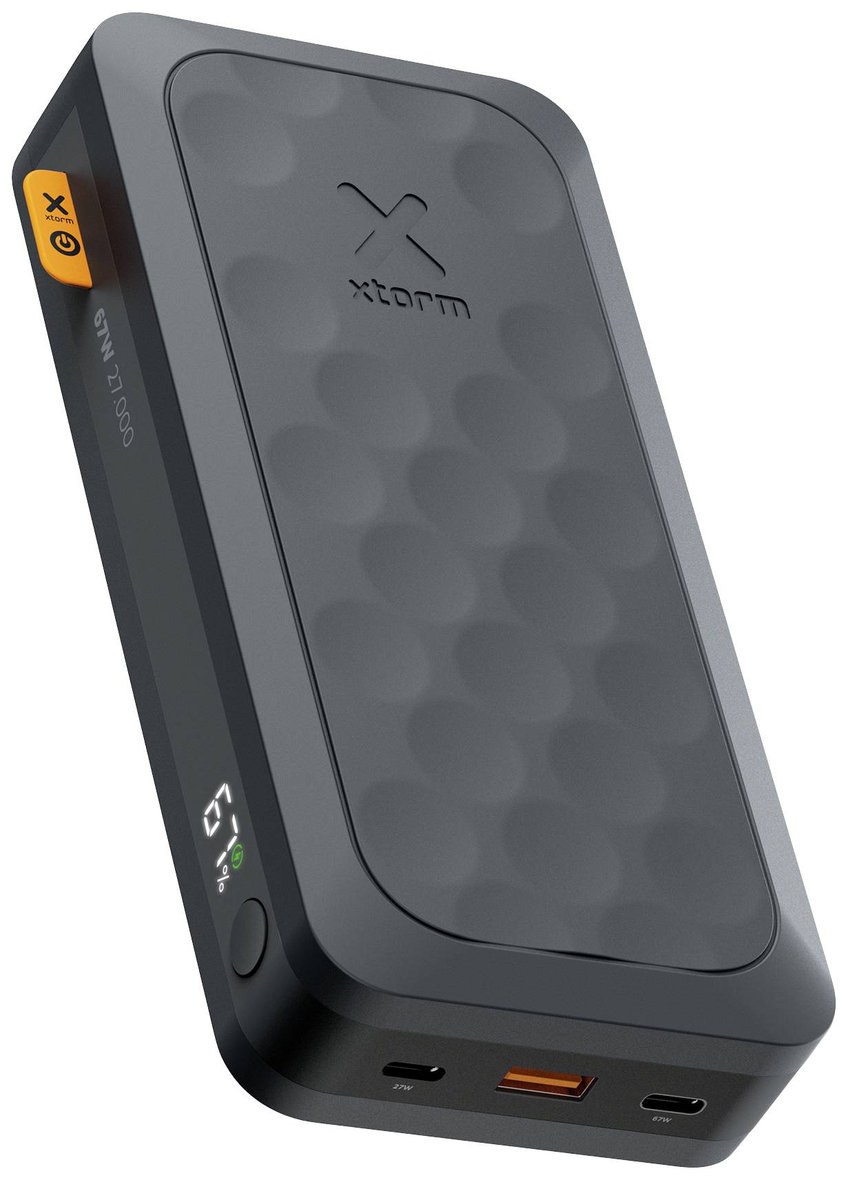 Portable power bank in dark design with USB ports and X logo.