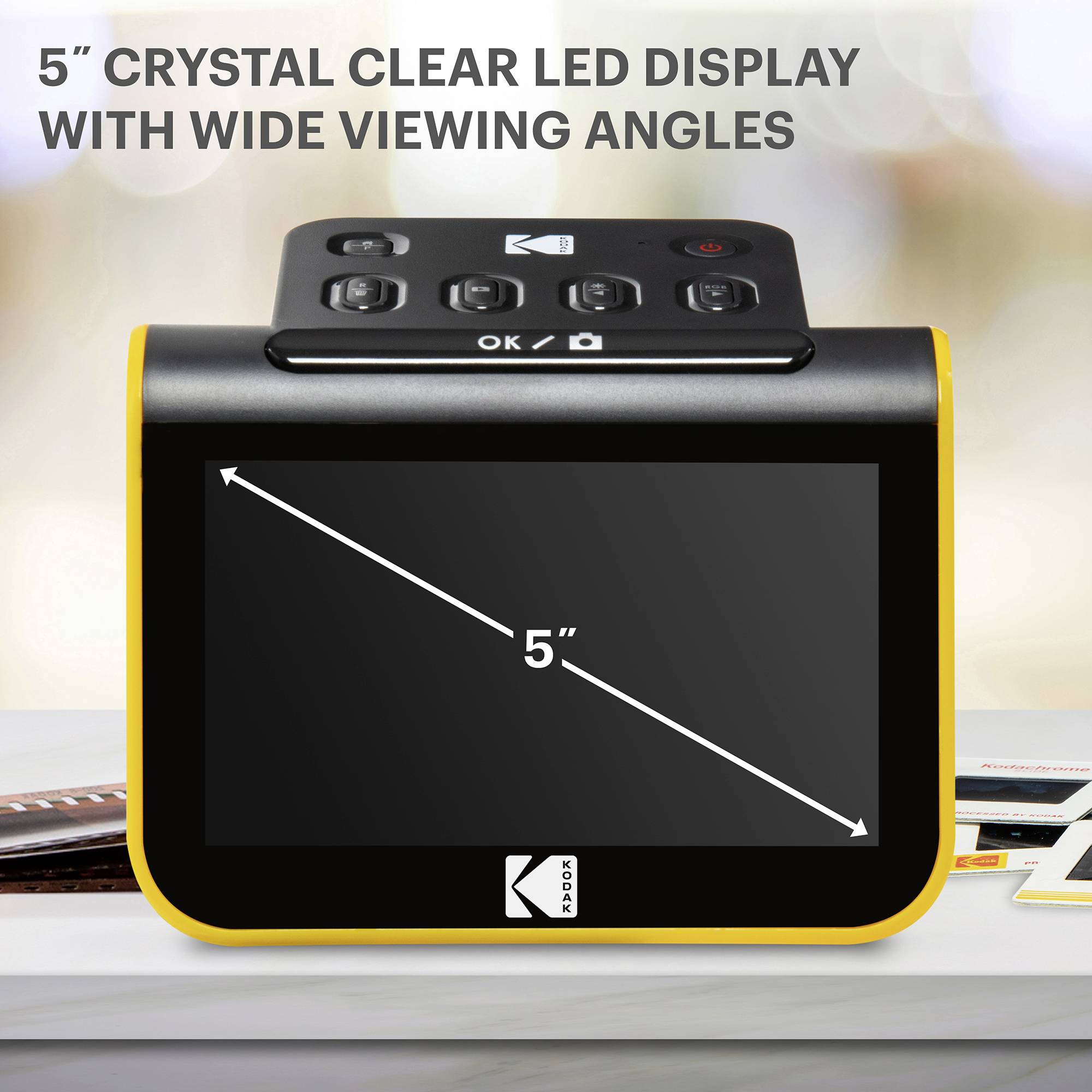5-inch LED screen with clear visibility and wide viewing angle. Control buttons at the top.