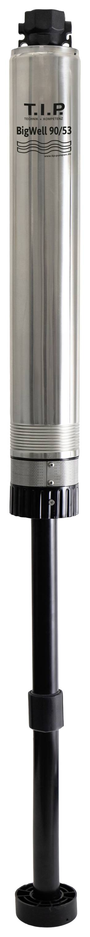 Silver cylindrical submersible pump with a black base and black rings. Black text inscription on the top of the pump.