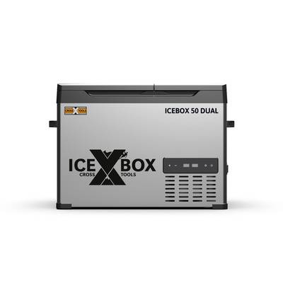 'ICEBOX 50 DUAL' Refrigerator by Cross Tools, front view. Silver casing with black logo and control panel.