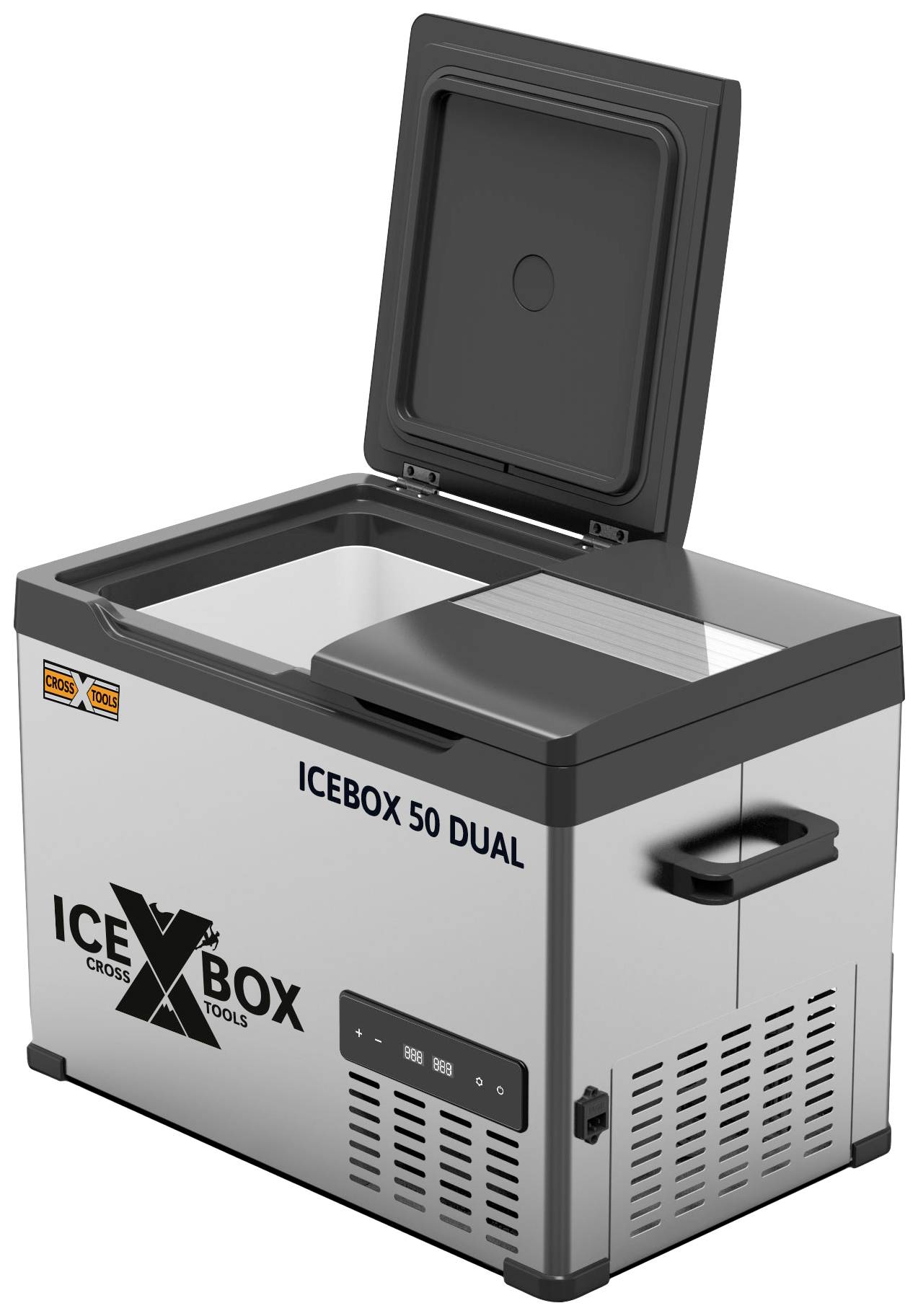 A silver portable freezer with an open lid, brand name 'Ice Box 50 Dual'. Rectangular shape, black handles.