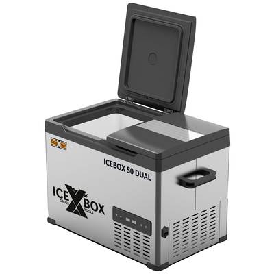 A silver portable freezer with an open lid, brand name 'Ice Box 50 Dual'. Rectangular shape, black handles.