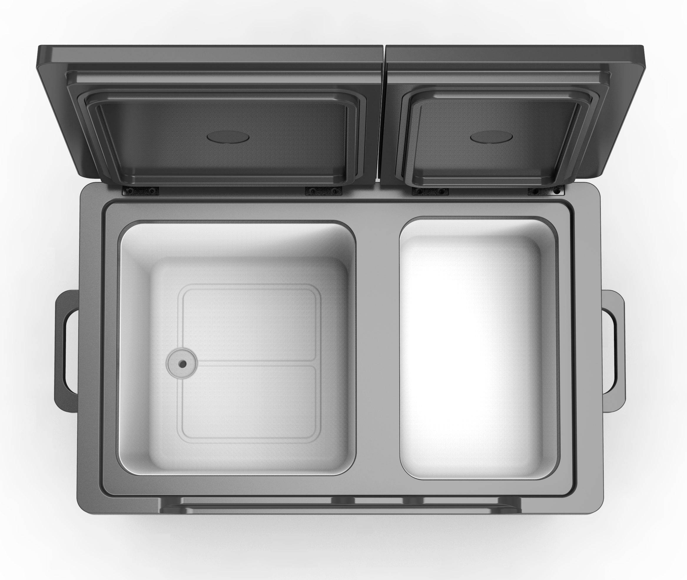 'Double sink viewed from above, with a large left chamber featuring a drain and a smaller right chamber, both with lids.'