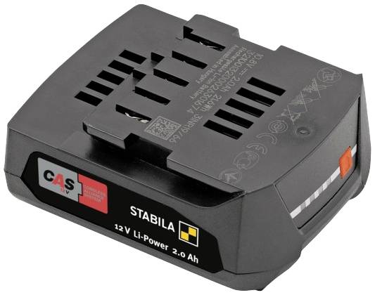 Battery for electric tools, 12V Li-Power, 2.0 Ah, black with red and yellow markings, suitable for various devices.