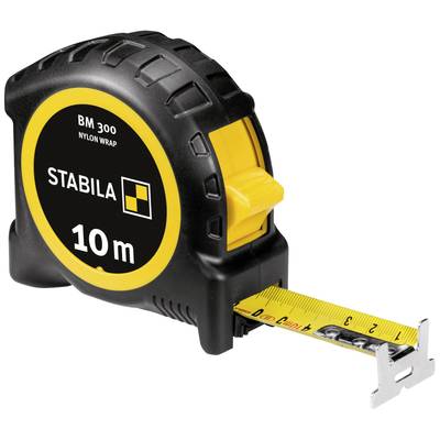 Black and yellow measuring tape by Stabila, 10 m long, extended tape shows centimetre markings. Ideal for construction and DIY.
