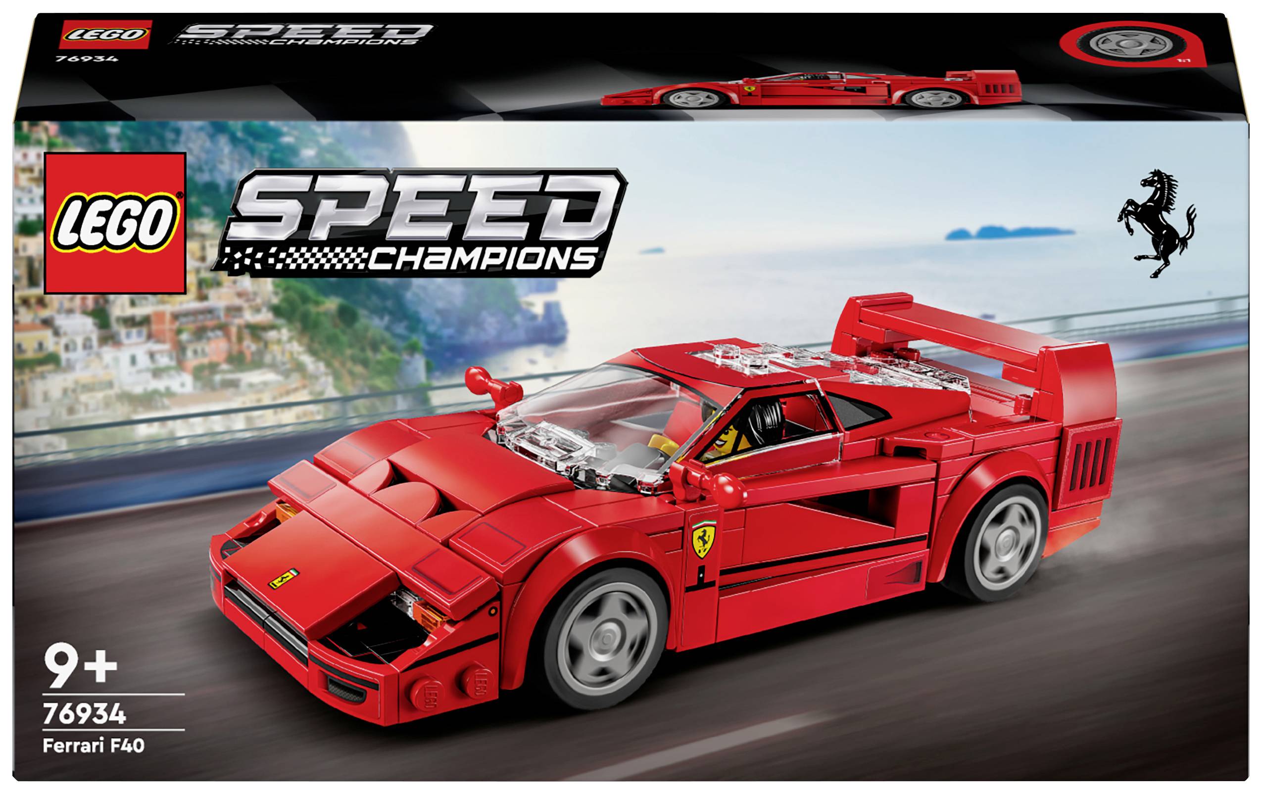 LEGO Speed Champions Ferrari F40 Set with red car, suitable for children aged 9 and above. Packaging depicts the model on a coastal road.