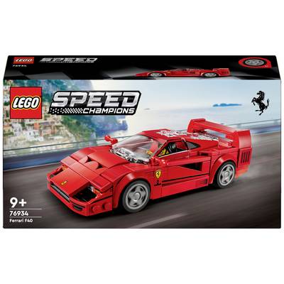 LEGO Speed Champions Ferrari F40 Set with red car, suitable for children aged 9 and above. Packaging depicts the model on a coastal road.