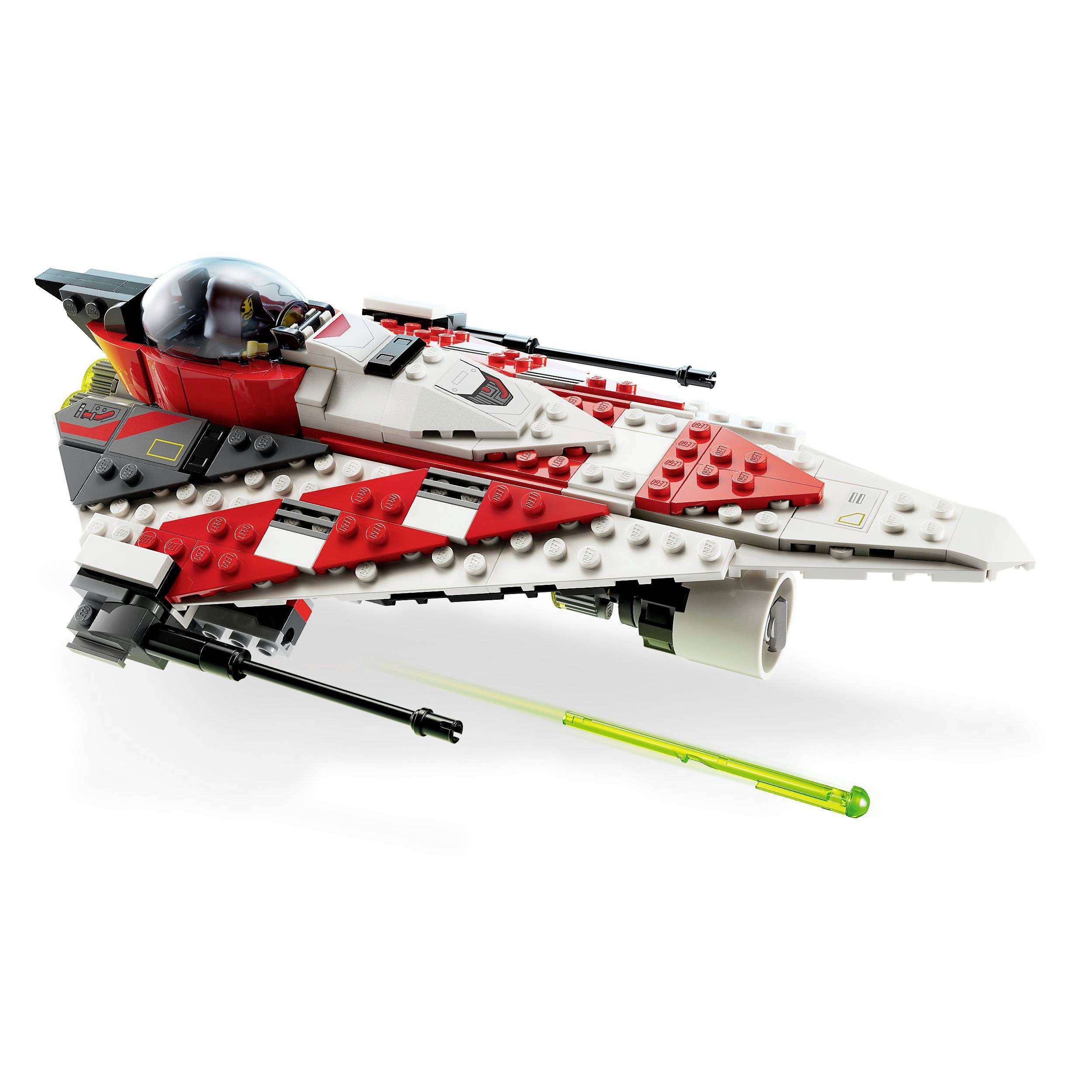 A white and red LEGO spacecraft with a futuristic design, featuring a transparent cockpit and extendable wings, hovers in mid-air.