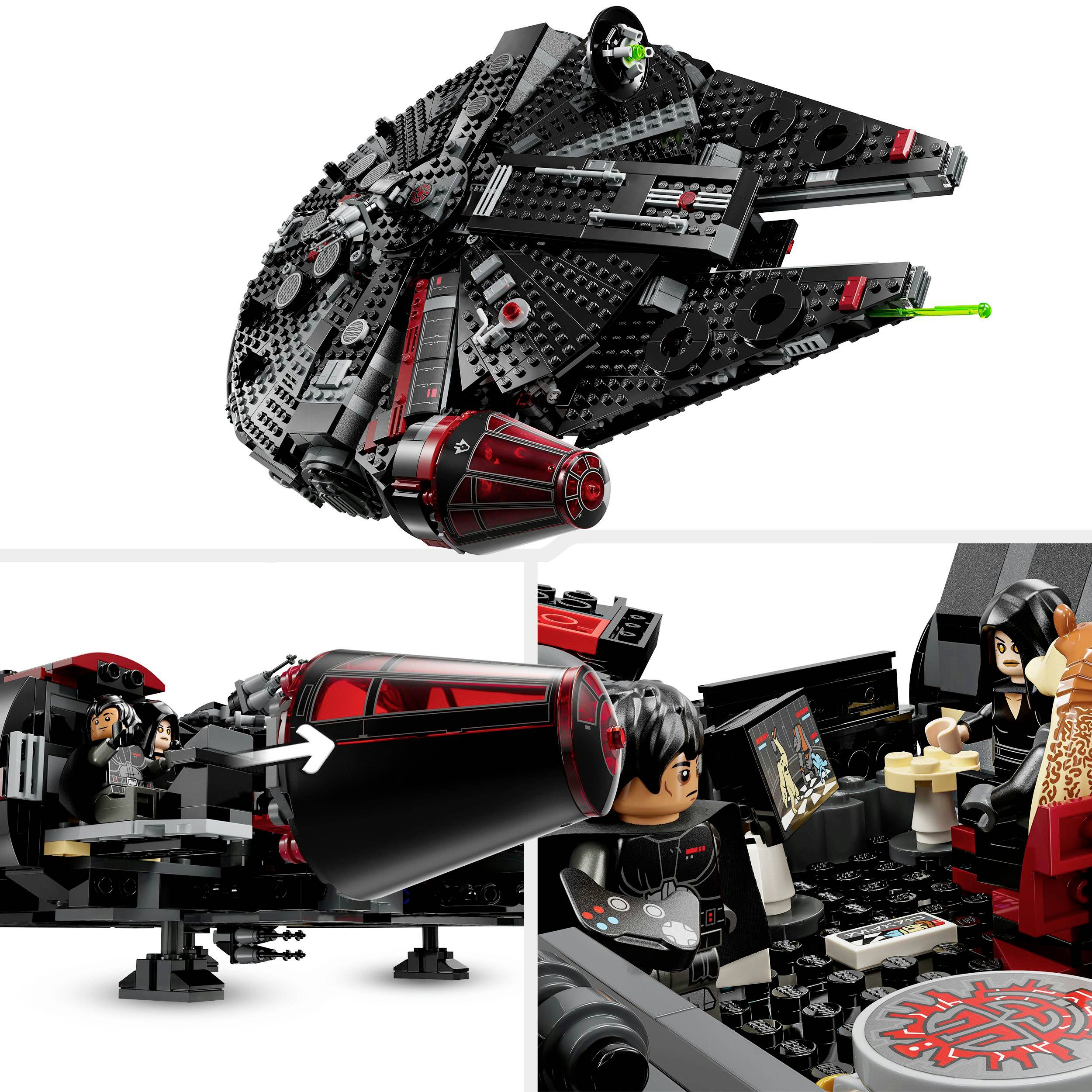 A Lego spaceship with a triangular shape, showing a red cockpit and various figures sitting and working inside.