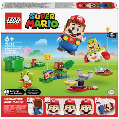 LEGO Super Mario Starter Set packaging with figures and game world. Suitable for ages 6 and up. 'Batteries not included'.