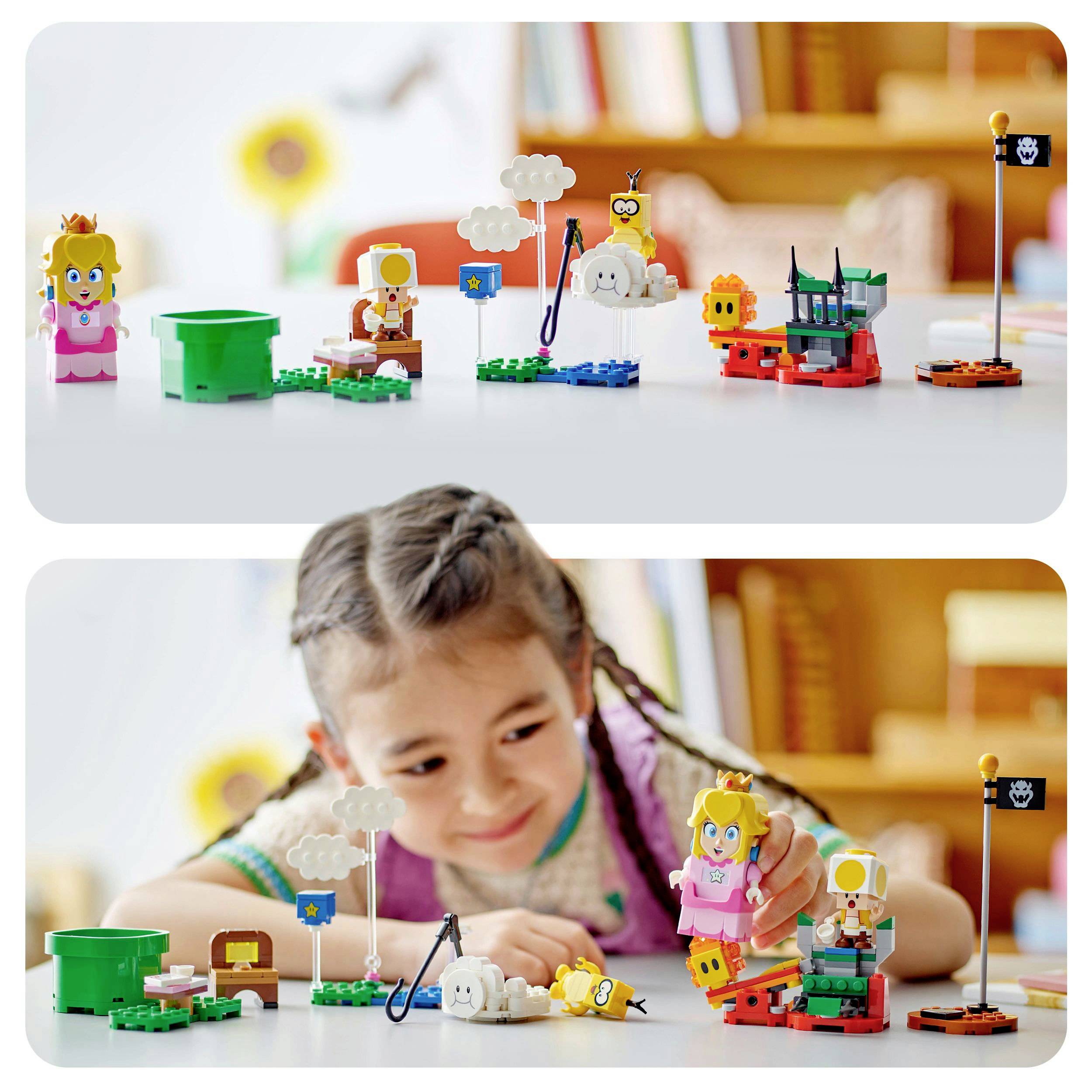 Kind: A child is playing with a Super Mario toy set on a table. The set includes figures such as Princess Peach.