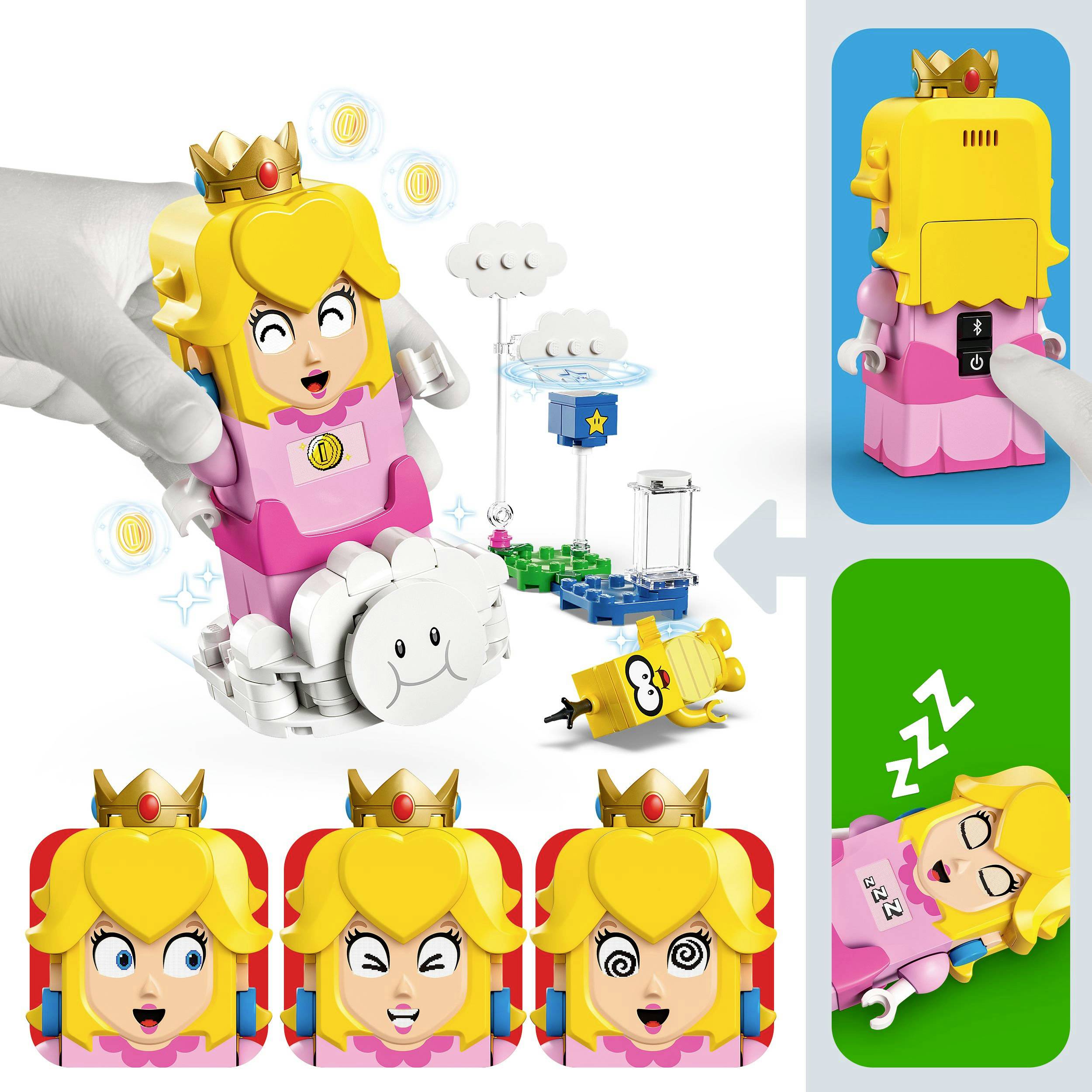 LEGO princess figure set with a princess figure in a pink suit, clouds, and a star. Interactive with facial expressions and motion detection.