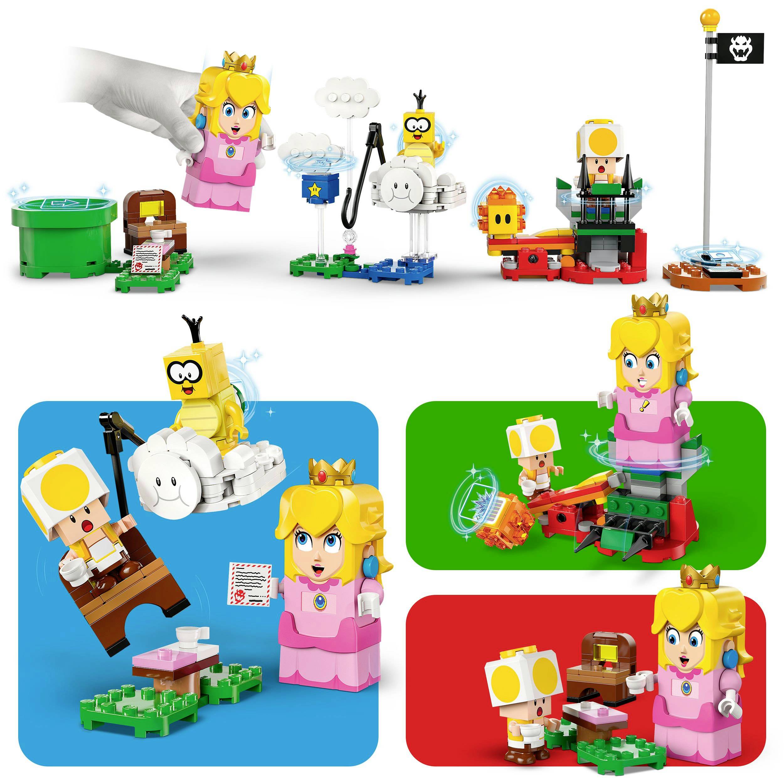 A LEGO set featuring a princess in pink, a movable cloud, a star, a chest of coins, and a chequered flag.