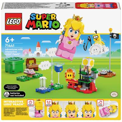 LEGO Set 'Adventure with Interactive Peach'. Includes interactive Peach figurine, castle backdrop and many building elements. Suitable for ages 6 and up. Batteries not included.
