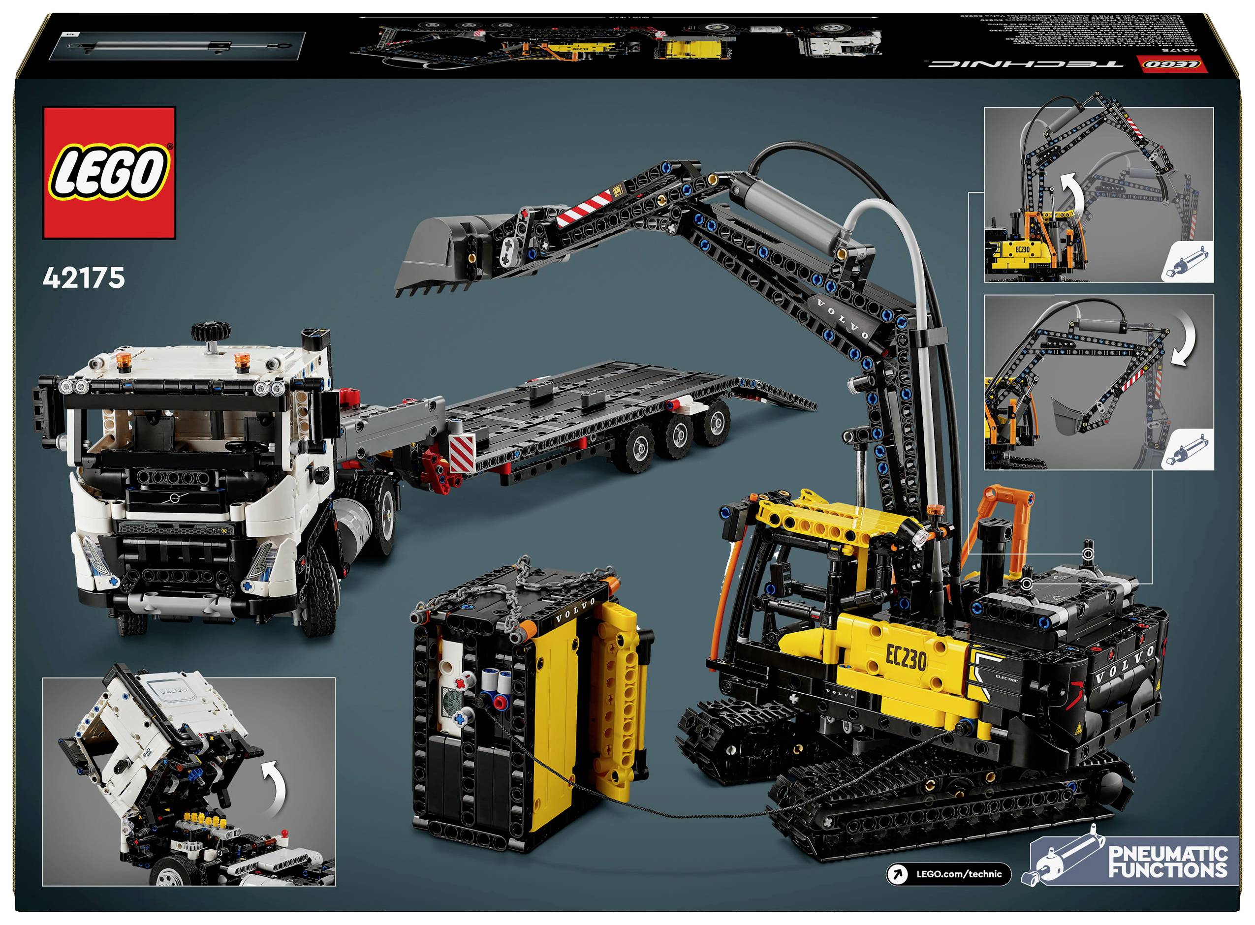 A LEGO construction set featuring a heavy-duty transporter and a yellow excavator with a movable arm is shown. Model number 42175.