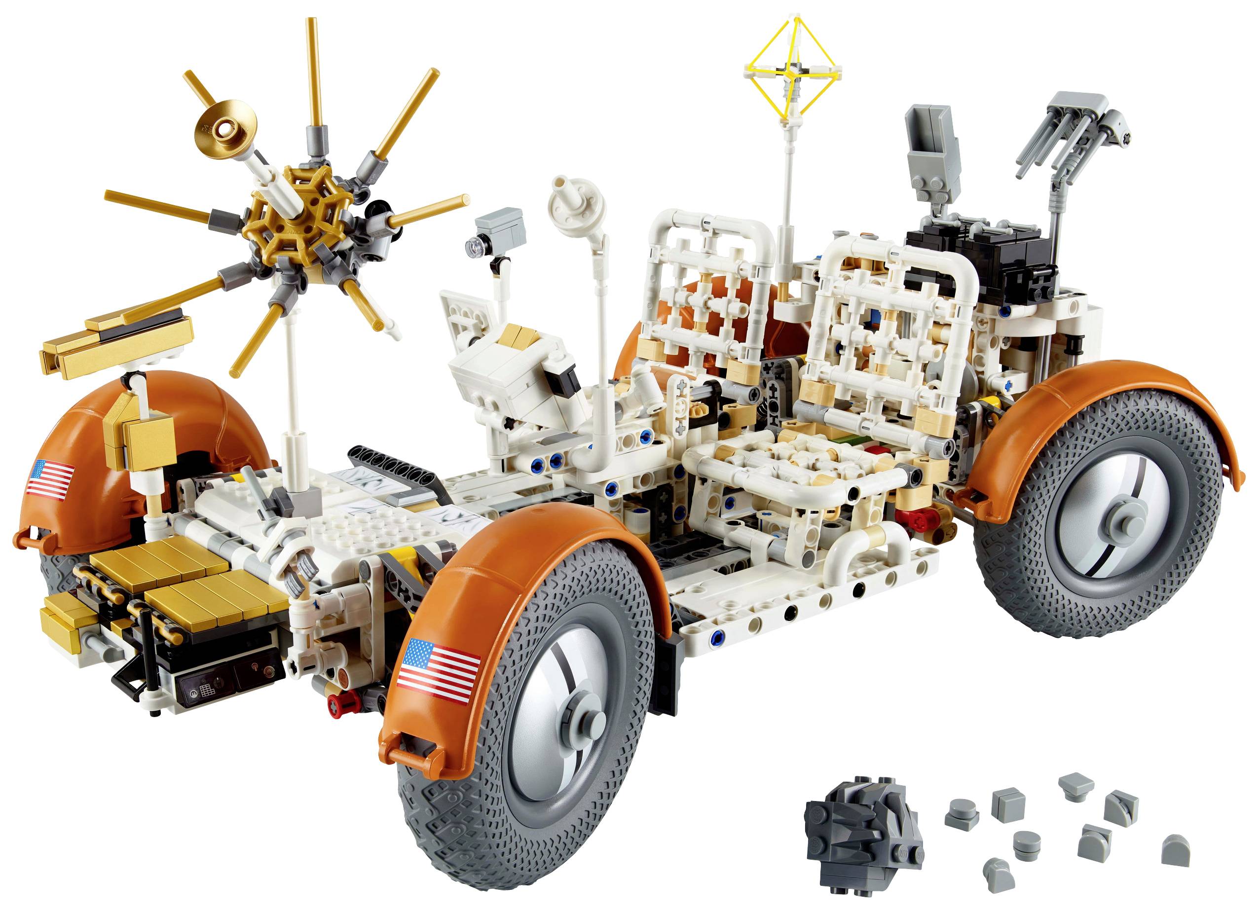 A model vehicle with large wheels and two seats, equipped with aerials and tools, reminds one of a lunar rover.
