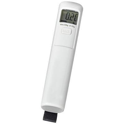 An electronic hand luggage scales with a digital display shows '0.2 kg'. Maximum load capacity: 50 kg, accuracy: 50 g.