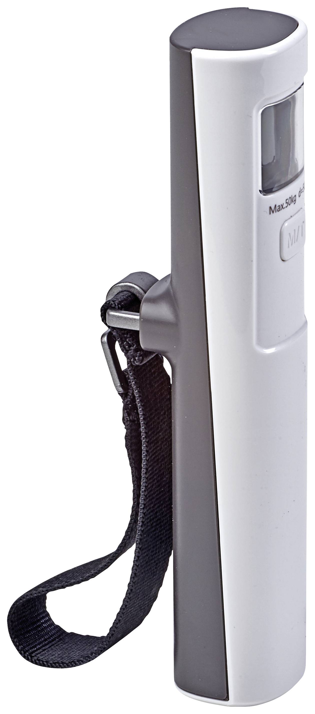 Electronic handheld luggage scales with digital display and strap, suitable for weighing suitcases, with a maximum capacity of 50 kg.