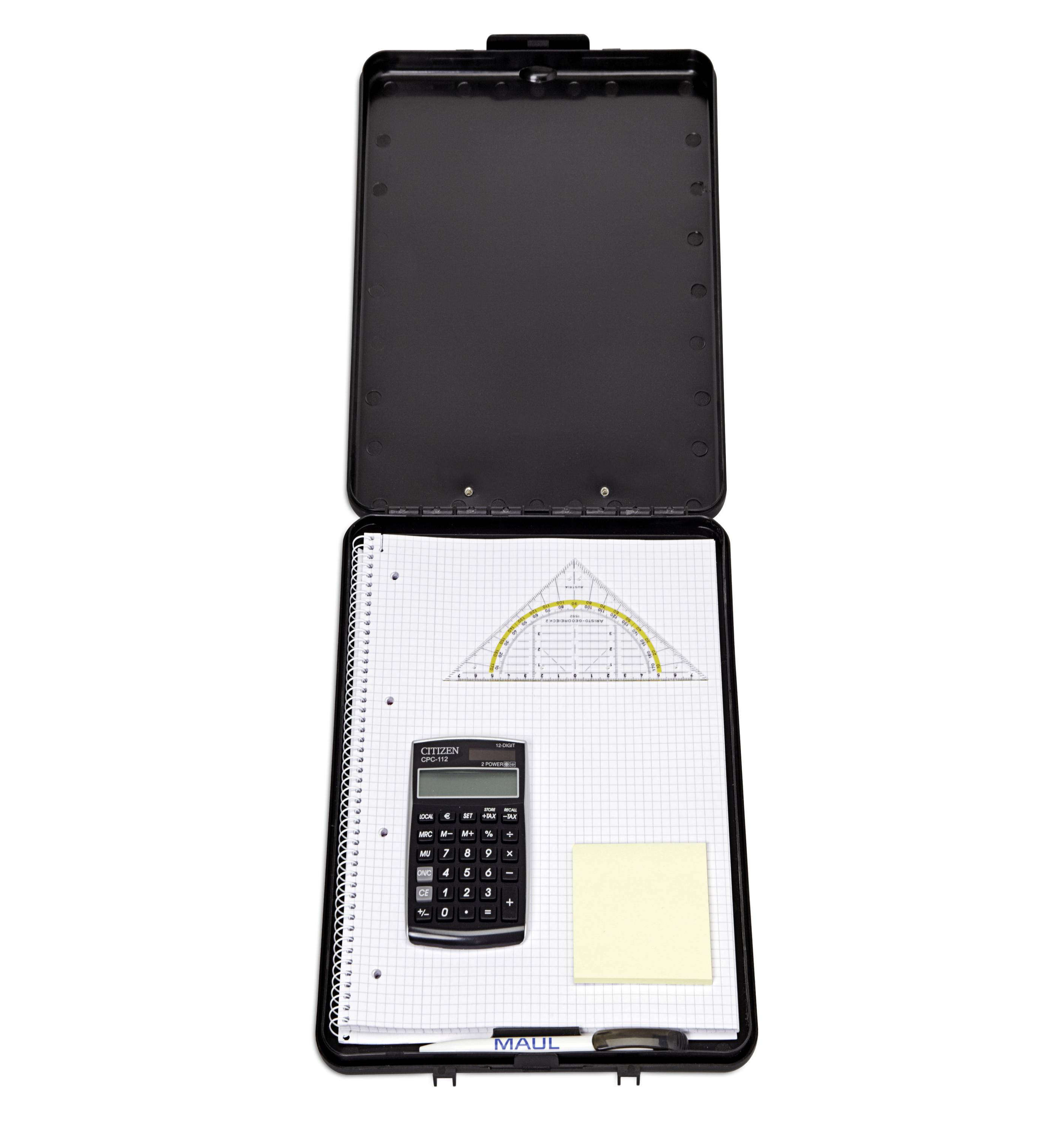 A spread-out writing set with a notepad, calculator, set square, and sticky notes, all within a black case.