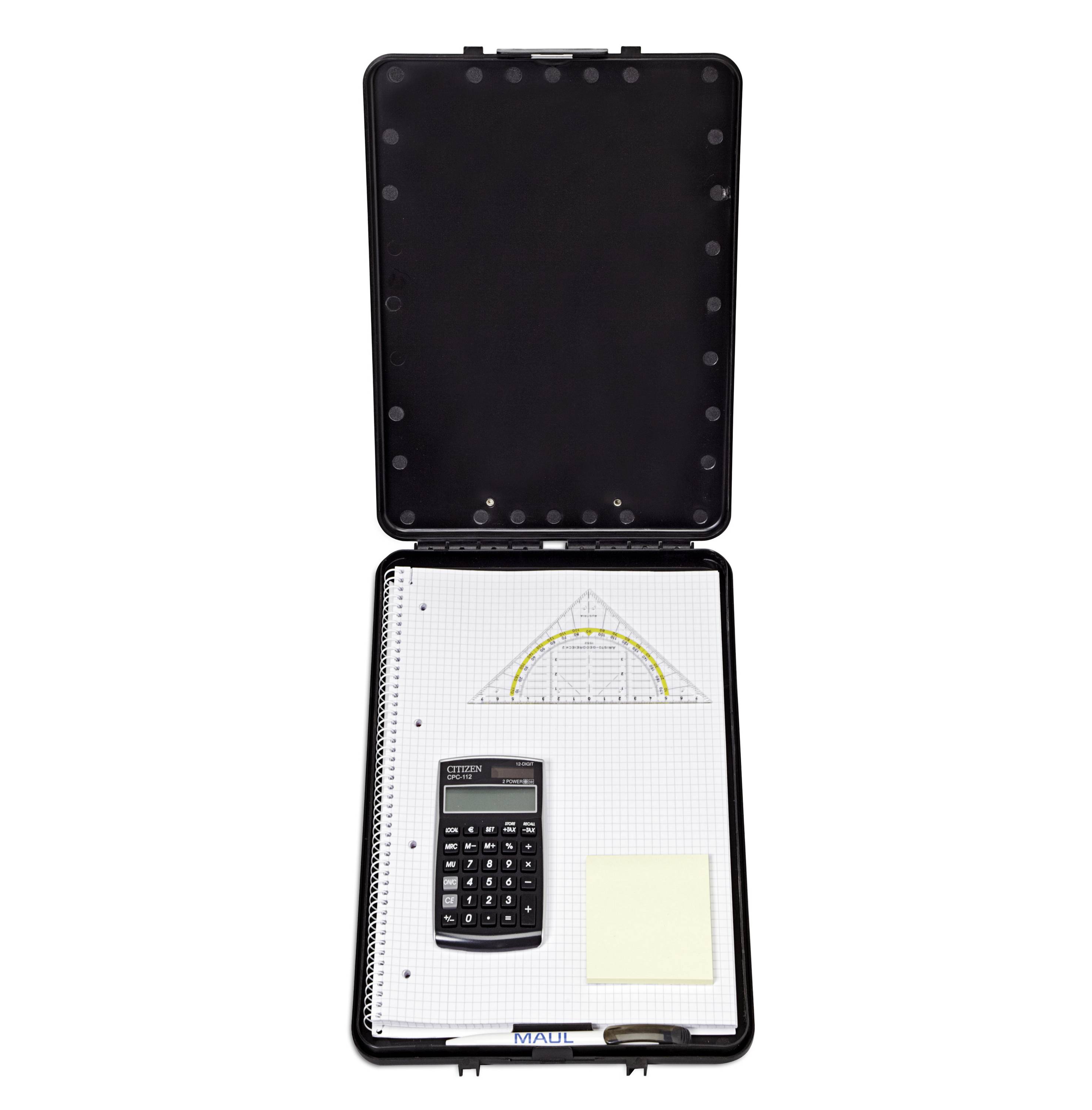 Open suitcase with a chequered notebook, calculator, set square and sticky notes on a smooth surface.