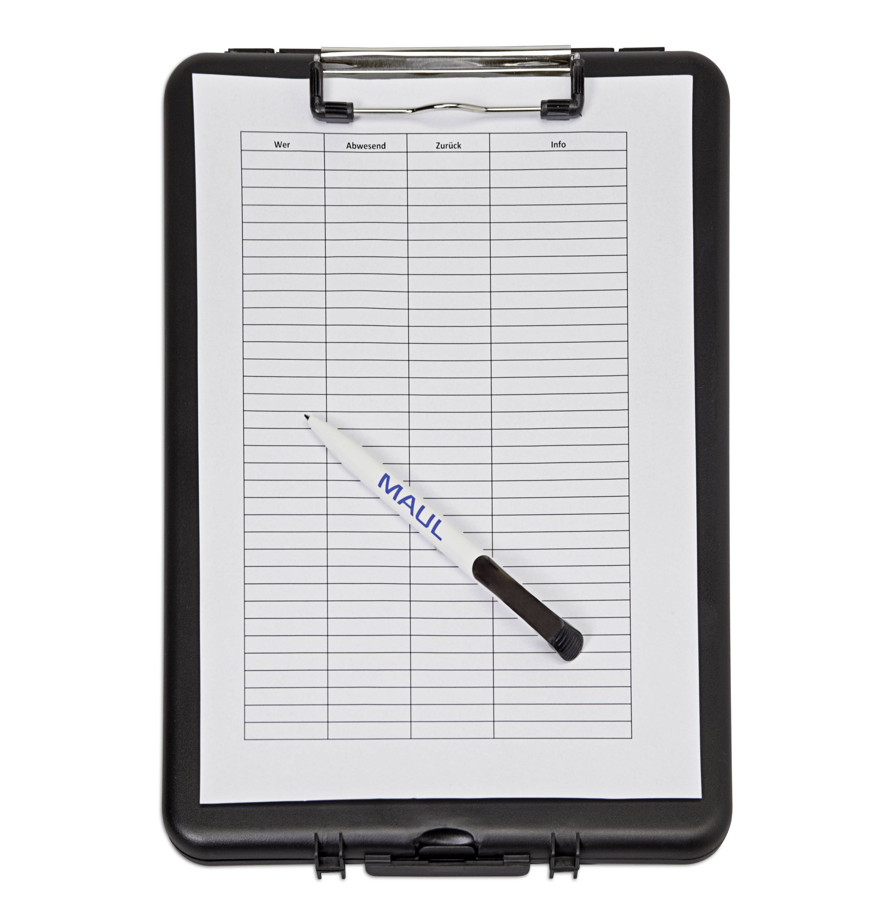Clipboard with table and pen. The table includes columns for 'Who', 'Absent', 'Back', 'Info'. The pen is placed diagonally.