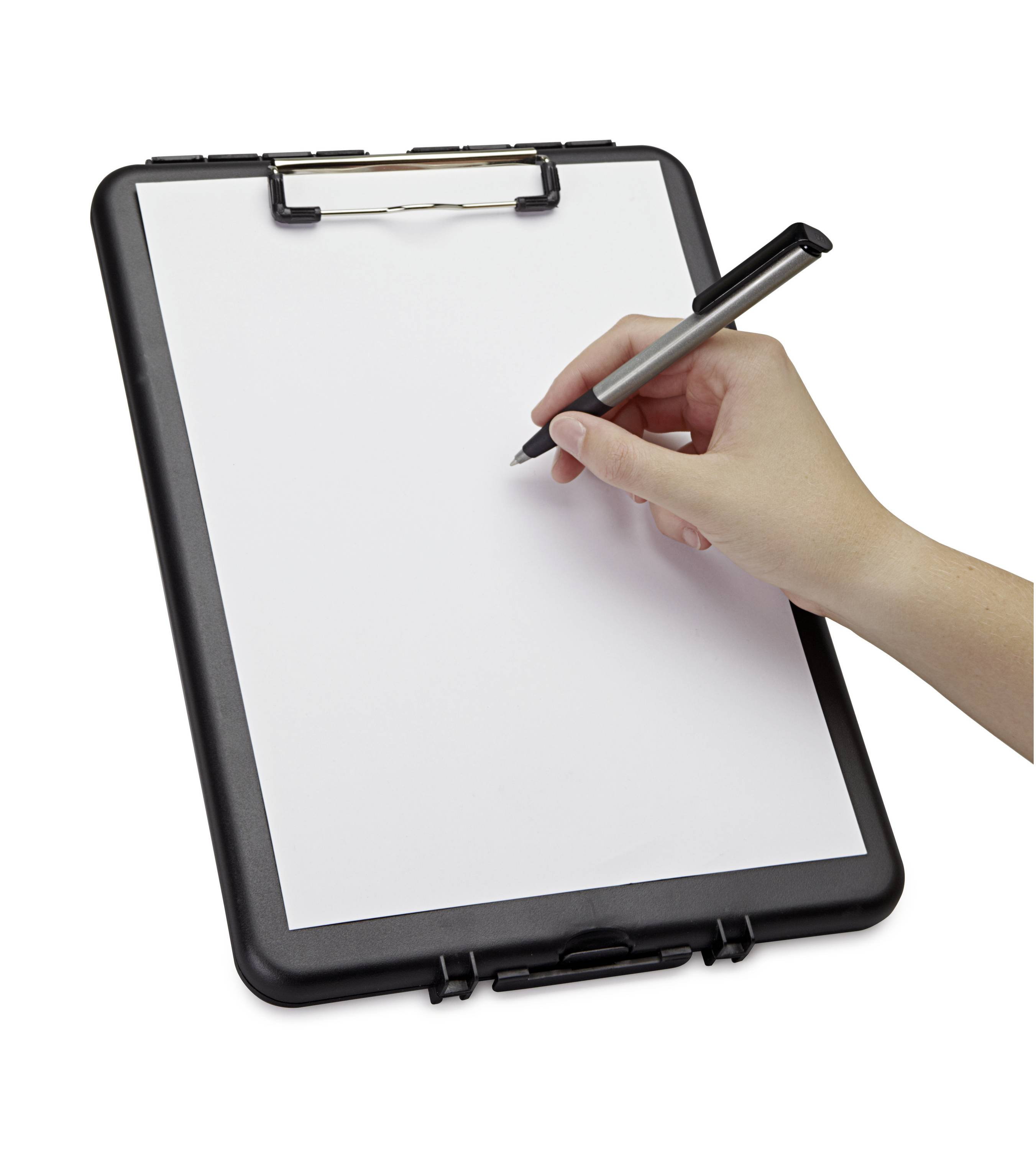 'Hand writing with a pen on a clipboard with a blank sheet of paper.'