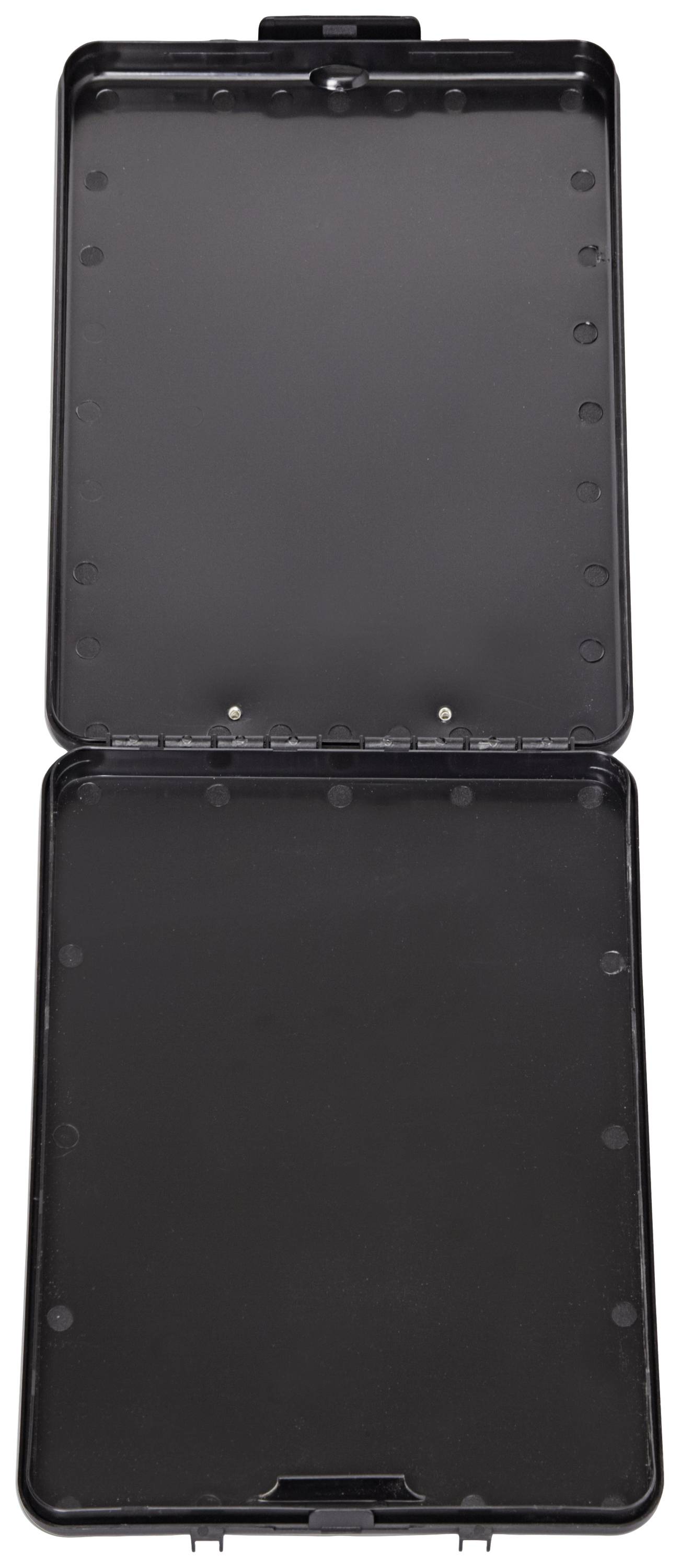 An empty, black, open plastic container with a rectangular shape and rounded corners.