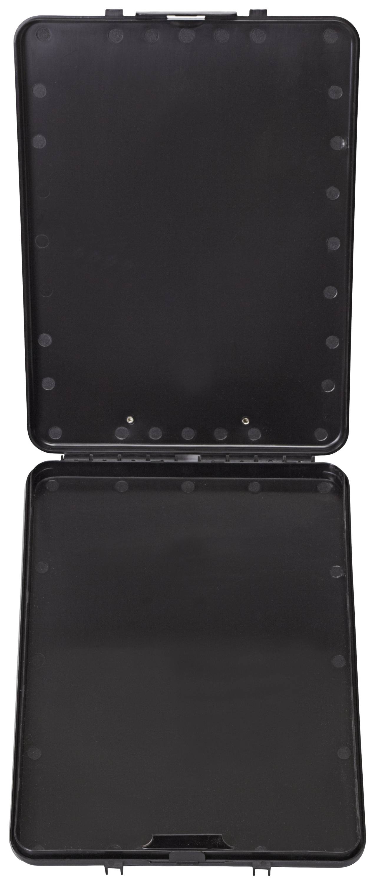 An open, empty black tool case suitable for storing tools or accessories.
