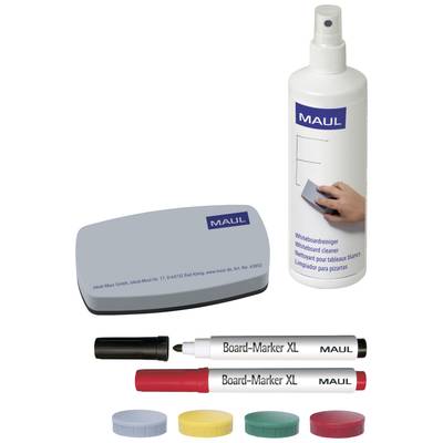 Whiteboard Accessory Set comprising a whiteboard cleaner, eraser, two black markers and four round magnets in different colours.