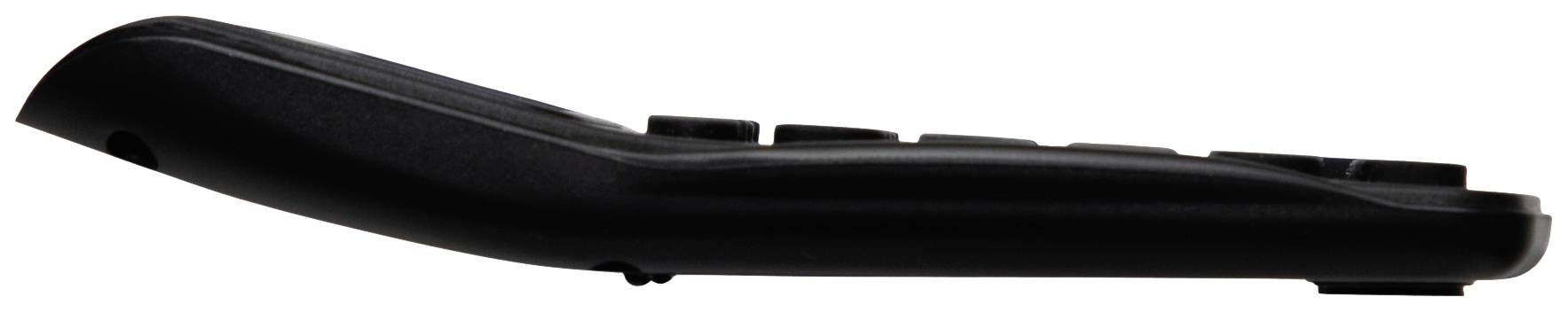 Black remote control viewed from the side, showing a sleek design with buttons subtly visible from the top.