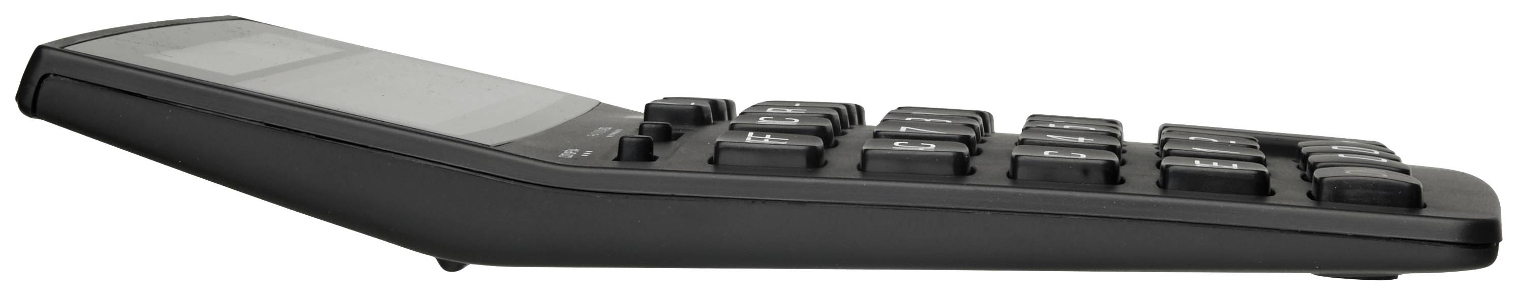 A side view of a calculator showing its keys and slightly tilted display.