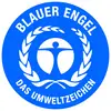 Blue Angel Logo: A circular blue emblem with a stylised figure in the centre, surrounded by laurel leaves. Text: 'Blue Angel – The Environmental Label'.