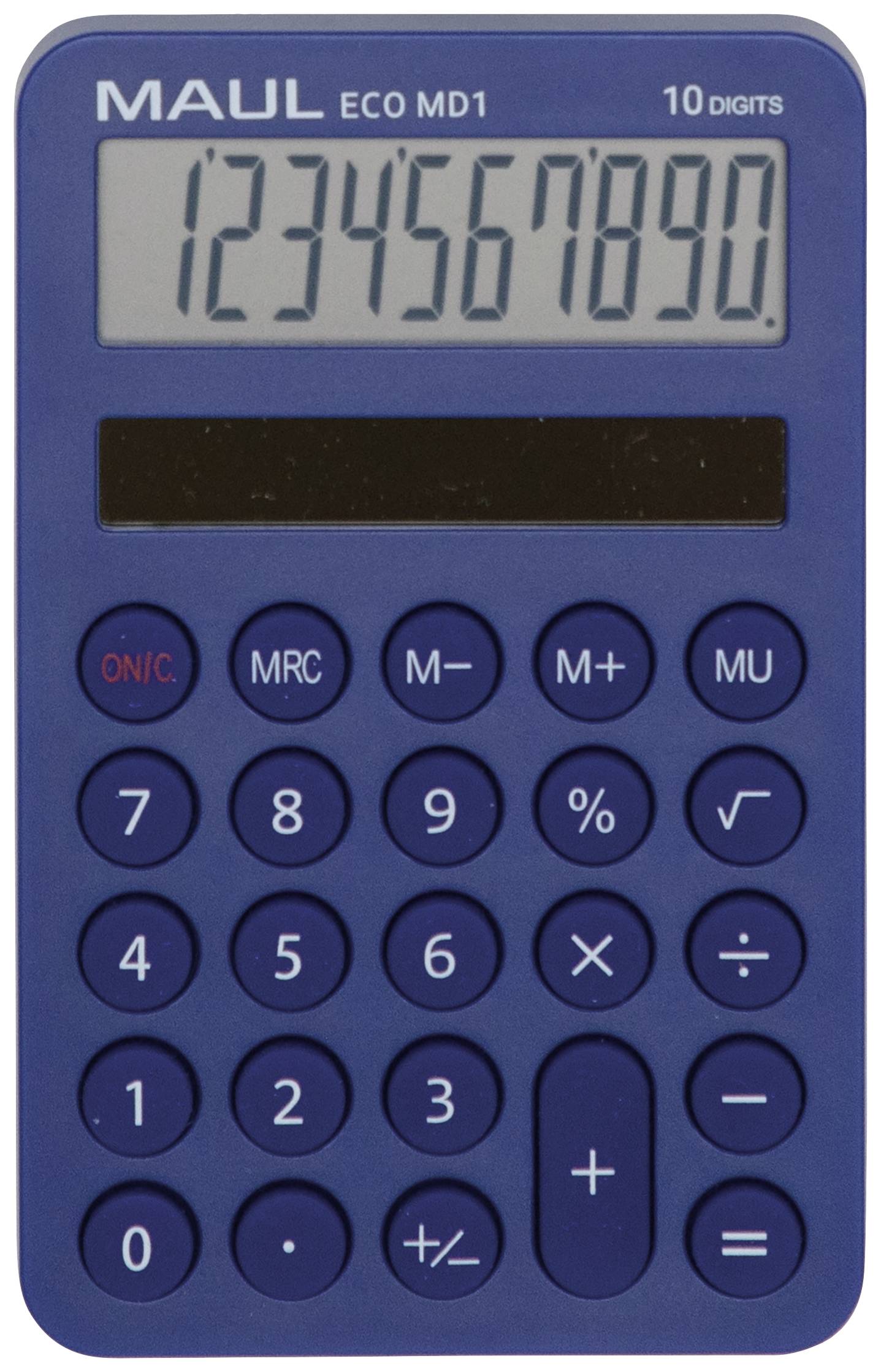 Blue calculator, displaying '1234567890', with buttons for basic mathematical functions. Brand name 'MAUL' in the top left corner.