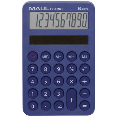 Blue calculator, displaying '1234567890', with buttons for basic mathematical functions. Brand name 'MAUL' in the top left corner.