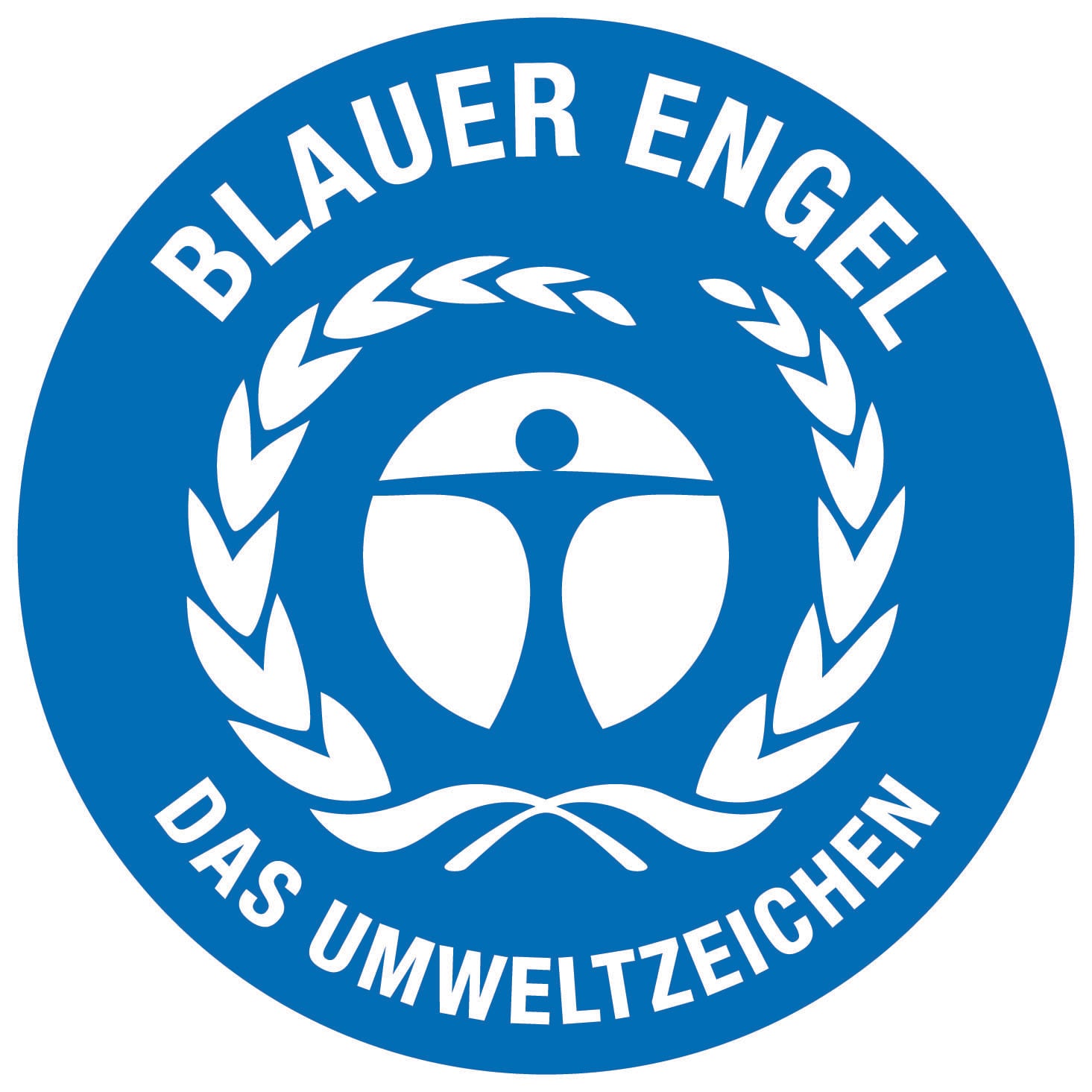 'Blue Angel' Environmental Label, symbolised by a white figure framed by stylised leaves, on a blue background.