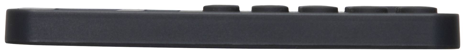 The image shows a side view of a black remote control. Four buttons are visible on the top surface.