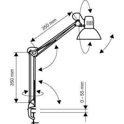 Adjustable desk lamp with clamp base, two 350 mm long arms, rotatable lamp head and height adjustment from 0-55 mm.