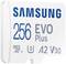 Memory card with the inscription 'Samsung 256 EVO Plus', offers high speed, suitable for Micro SD slots and UHS-I U3 compatible.