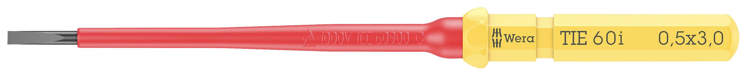 A yellow screwdriver with a red handle and the inscription 'Wiha TIE 601 0.5x3.0' on the handle, suitable for small screws.