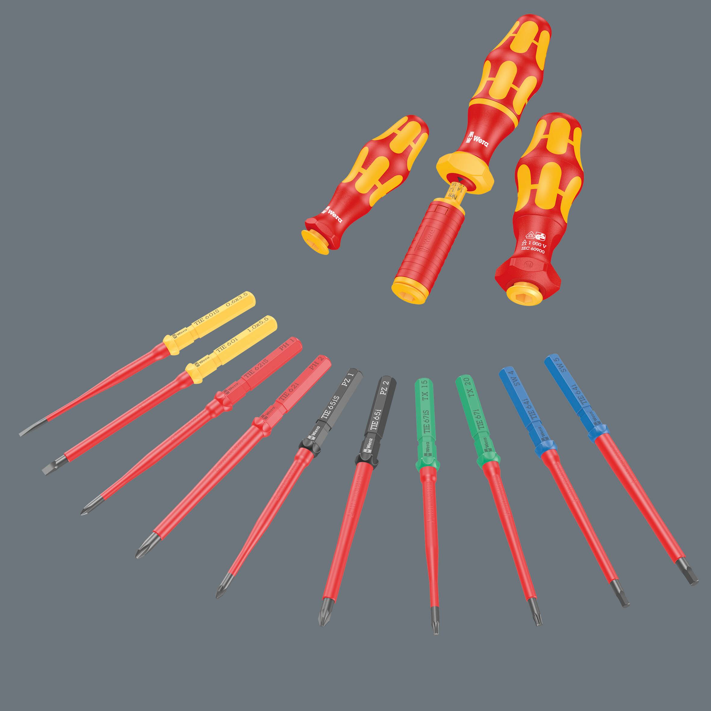 A set of screwdrivers, including three with dynamic grips and various bits in red, yellow, black, green and blue.