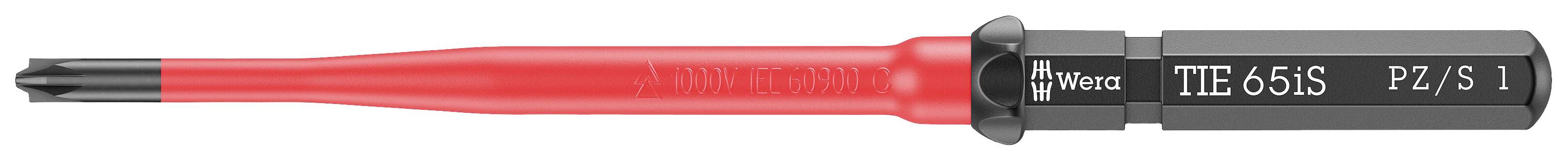 A red, isolated Wiha screwdriver with a black handle, marked 'ITE 65IS PZ/S 1'. Suitable for electrostatic safety.